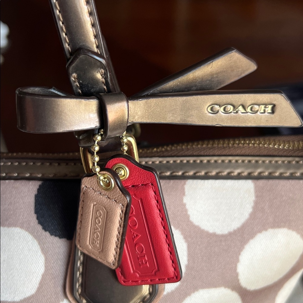 Coach Cream and Red Polka Dot Canvas Tote with Tan Leather Trim GUC 2 Tags - Picture 3 of 17